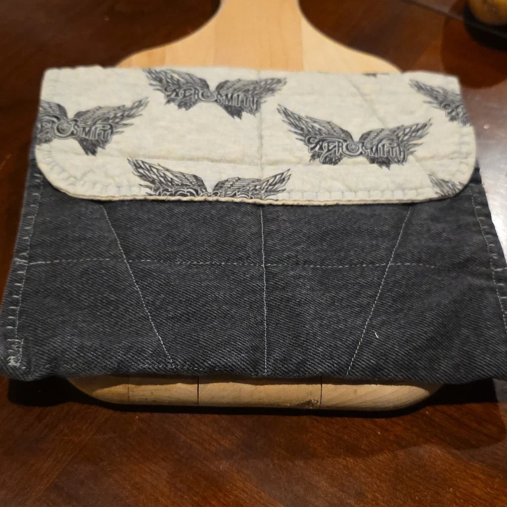 HAND CRAFTED Potato Pouch Microwave UPCYCLED Black Denim AEROSMITH 8 Inch